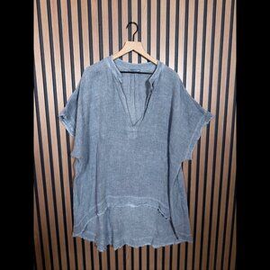 Catwalk Studio Tunic Dress OS Women Blue Gray Cotton Linen Popover Hi-Low Frayed